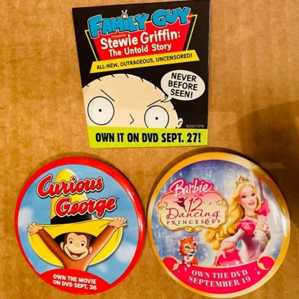 3 NEW Promo Pinback Buttons: Curious George, Barbie, Stewie Griffin(Family Guy)